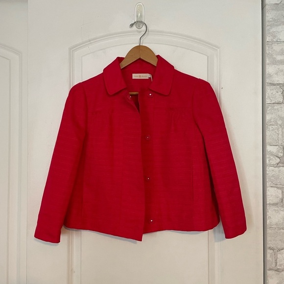 Tory Burch Landry Cropped Dress Jacket size 8 carnival red textured holiday - Picture 10 of 12